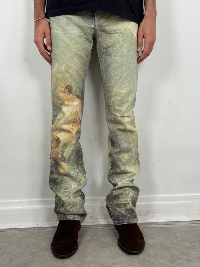 1990s Roberto Cavalli Art « Venus Fade » Denim Flare Jeans mFSKrCc 1