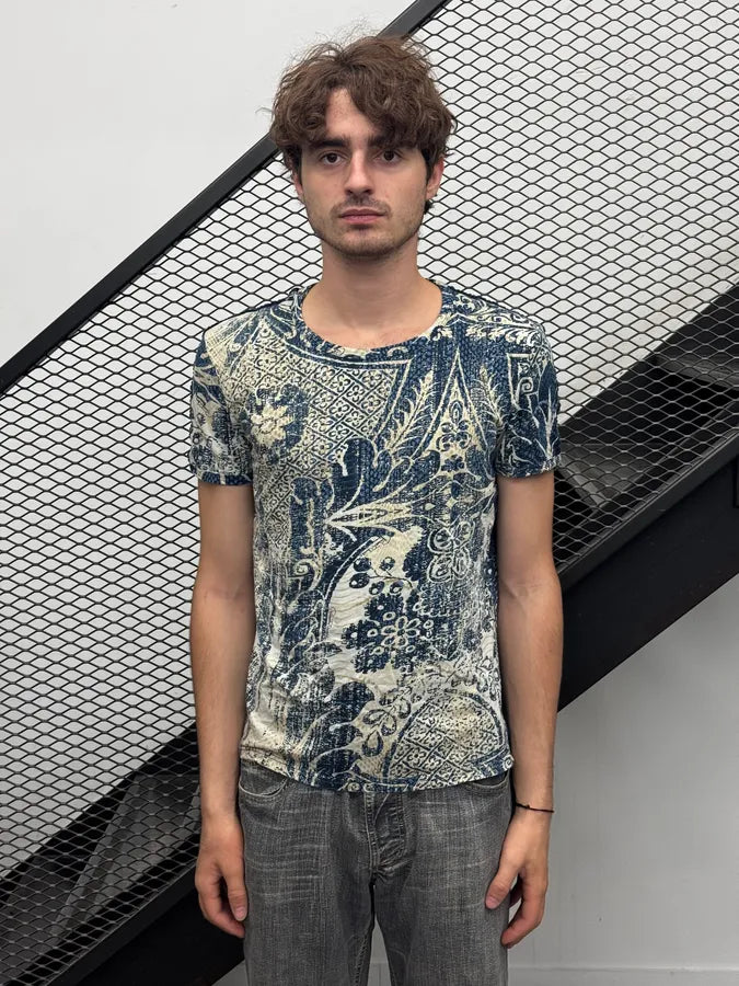2000s Roberto Cavalli Navy & Beige Porcelain Pattern T-Shirt fGcGUqI 2