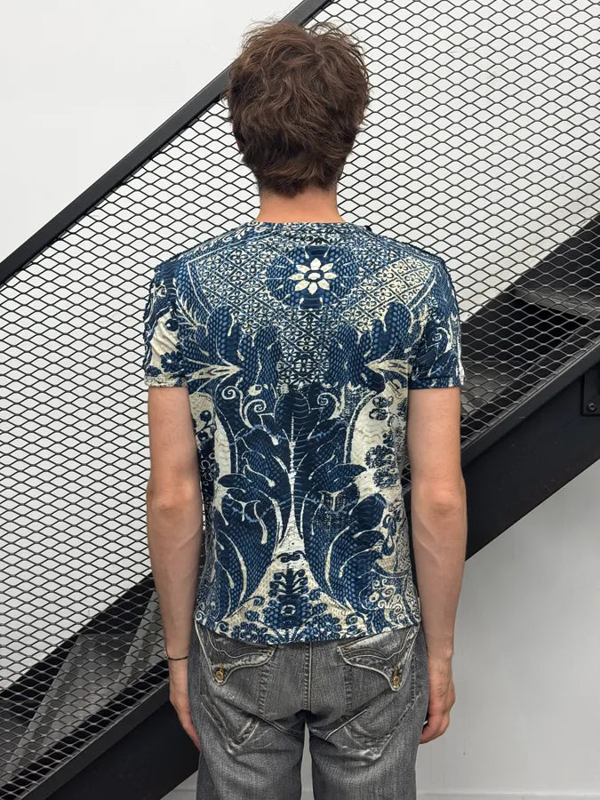 2000s Roberto Cavalli Navy & Beige Porcelain Pattern T-Shirt fGcGUqI 3