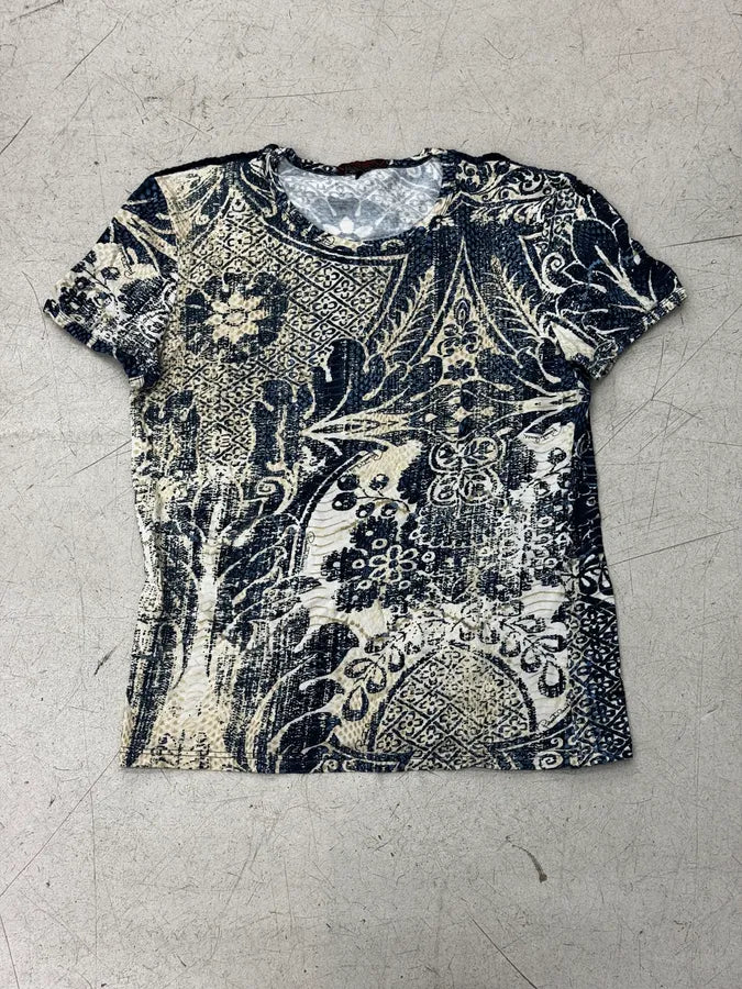 2000s Roberto Cavalli Navy & Beige Porcelain Pattern T-Shirt fGcGUqI 0