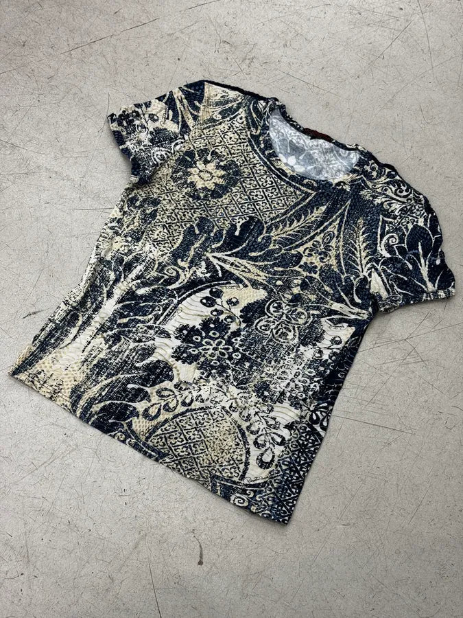 2000s Roberto Cavalli Navy & Beige Porcelain Pattern T-Shirt fGcGUqI 4