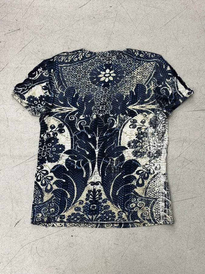 2000s Roberto Cavalli Navy & Beige Porcelain Pattern T-Shirt fGcGUqI 1