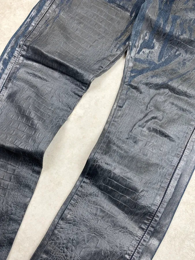 AW2006 Roberto Cavalli Navy Waxed Denim Crocodile Effect Jeans xeQmceM 11