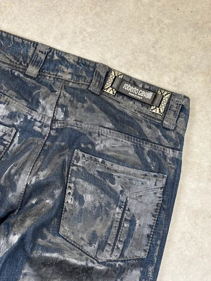 AW2006 Roberto Cavalli Navy Waxed Denim Crocodile Effect Jeans xeQmceM 7