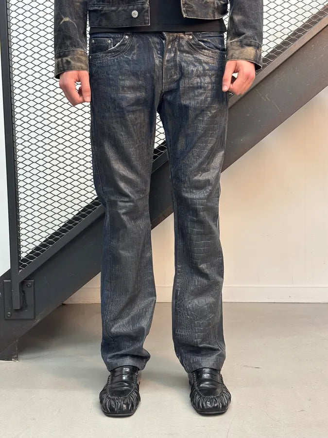 AW2006 Roberto Cavalli Navy Waxed Denim Crocodile Effect Jeans xeQmceM 1