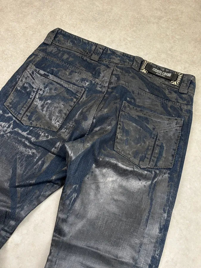 AW2006 Roberto Cavalli Navy Waxed Denim Crocodile Effect Jeans xeQmceM 6
