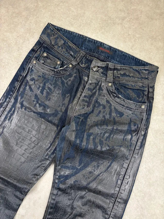 AW2006 Roberto Cavalli Navy Waxed Denim Crocodile Effect Jeans xeQmceM 4