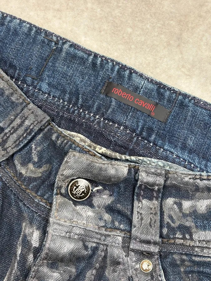 AW2006 Roberto Cavalli Navy Waxed Denim Crocodile Effect Jeans xeQmceM 9
