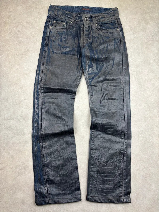 AW2006 Roberto Cavalli Navy Waxed Denim Crocodile Effect Jeans xeQmceM 0