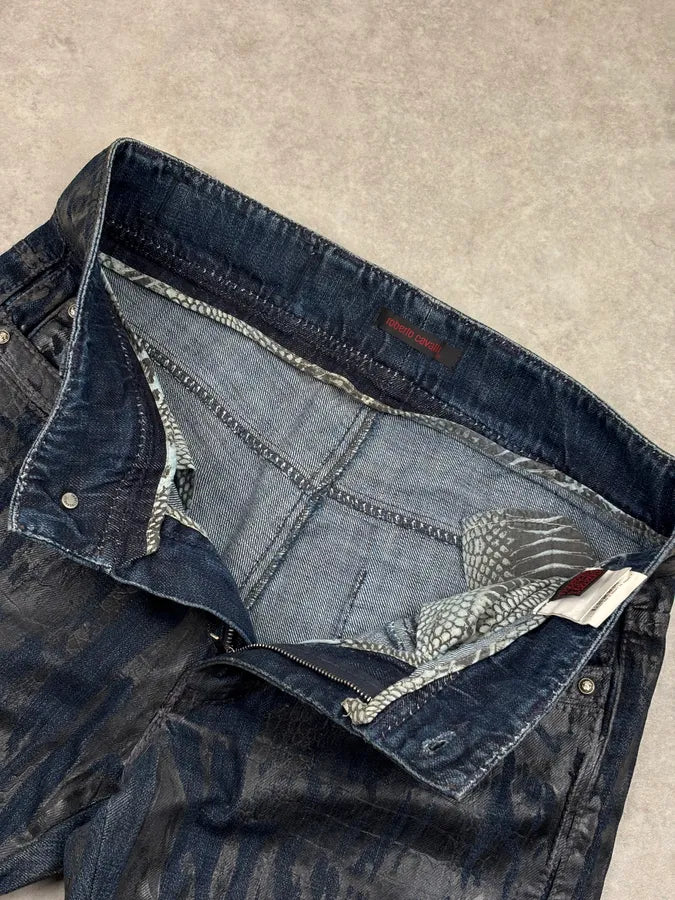 AW2006 Roberto Cavalli Navy Waxed Denim Crocodile Effect Jeans xeQmceM 8