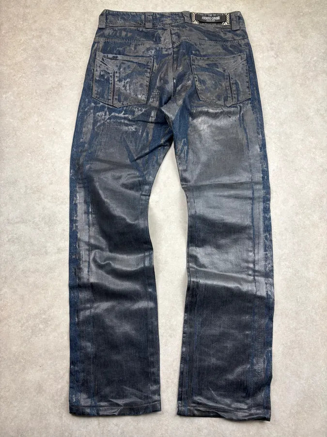 AW2006 Roberto Cavalli Navy Waxed Denim Crocodile Effect Jeans xeQmceM 5