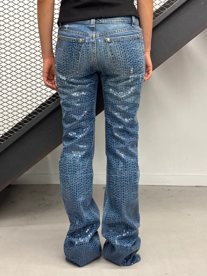 FW1999 Roberto Cavalli Navy Denim Sequin Flared Jeans uQMjFlD 3