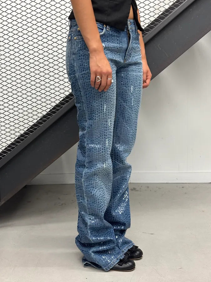 FW1999 Roberto Cavalli Navy Denim Sequin Flared Jeans uQMjFlD 2