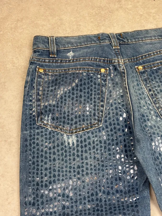 FW1999 Roberto Cavalli Navy Denim Sequin Flared Jeans uQMjFlD 8