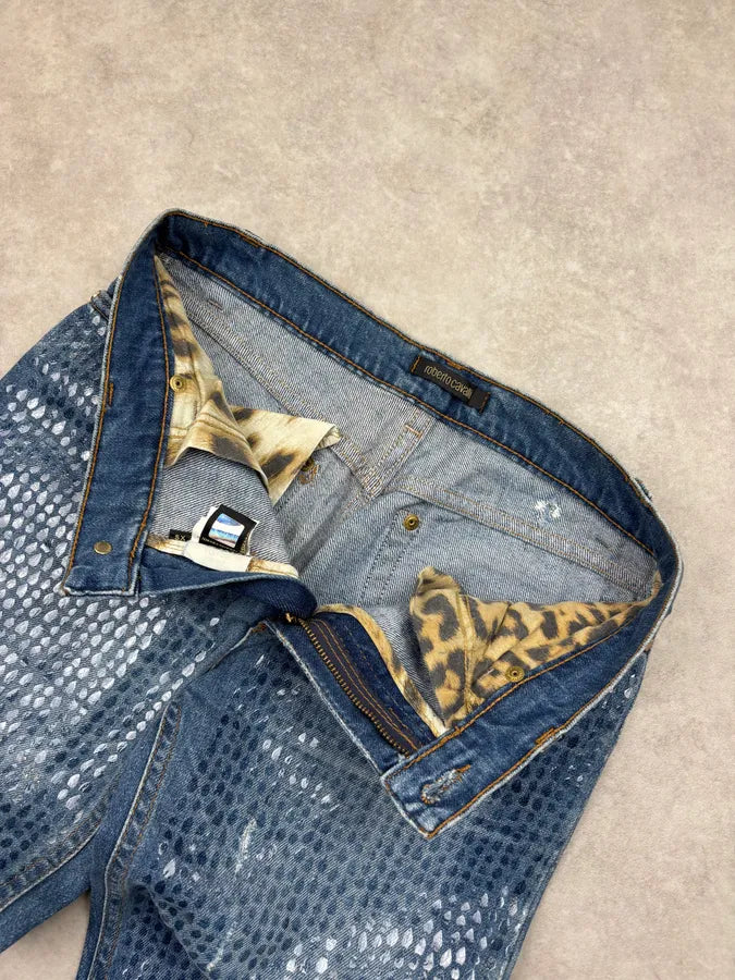 FW1999 Roberto Cavalli Navy Denim Sequin Flared Jeans uQMjFlD 9