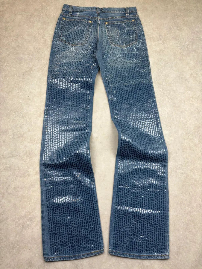 FW1999 Roberto Cavalli Navy Denim Sequin Flared Jeans uQMjFlD 6