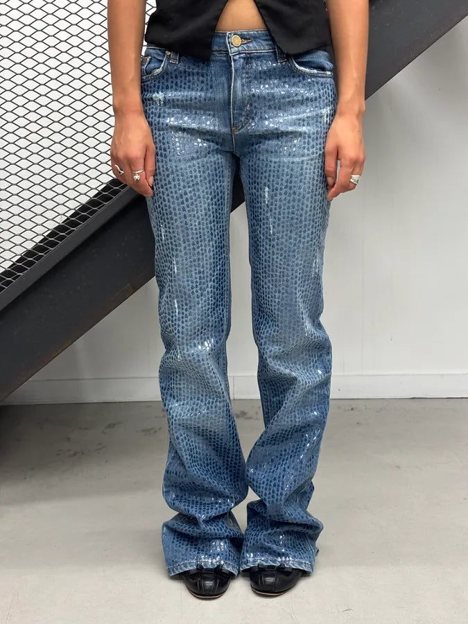 FW1999 Roberto Cavalli Navy Denim Sequin Flared Jeans uQMjFlD 0
