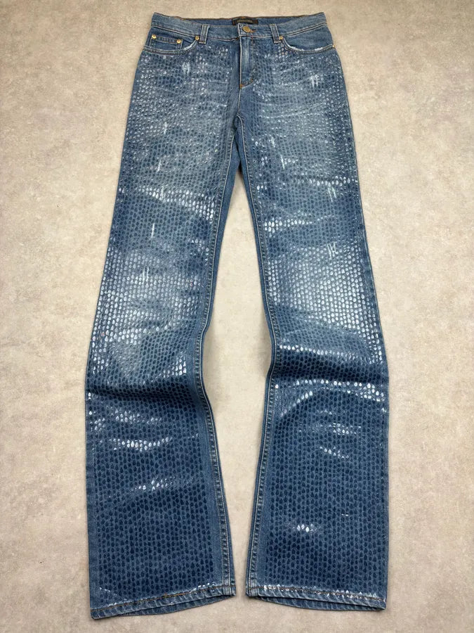 FW1999 Roberto Cavalli Navy Denim Sequin Flared Jeans uQMjFlD 4