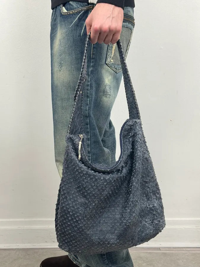 Roberto Cavalli Navy Leather Textured Hobo Bag DzetLcM 0