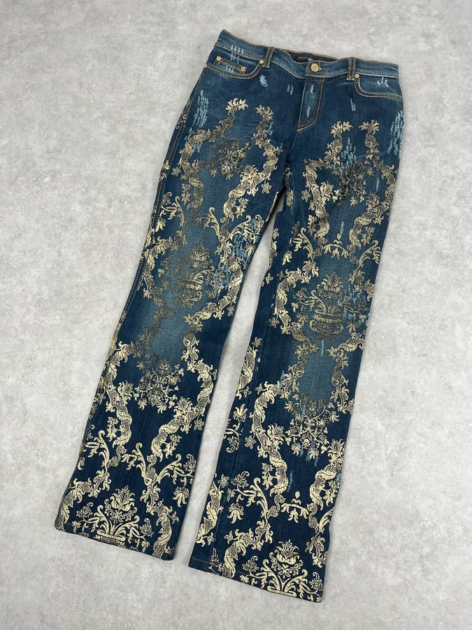 AW2006 Roberto Cavalli Navy Royal Gold Baroque Embroidered Jeans WzzyTSD 4
