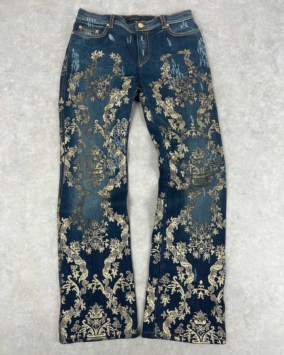 AW2006 Roberto Cavalli Navy Royal Gold Baroque Embroidered Jeans WzzyTSD 0