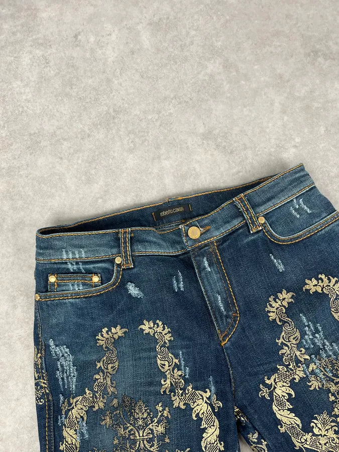 AW2006 Roberto Cavalli Navy Royal Gold Baroque Embroidered Jeans WzzyTSD 5