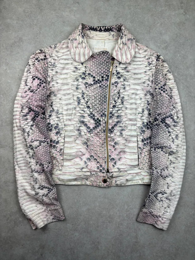 2000s Roberto Cavalli Pink & White Python Effect Asymmetrical Jacket kqnFvke 0