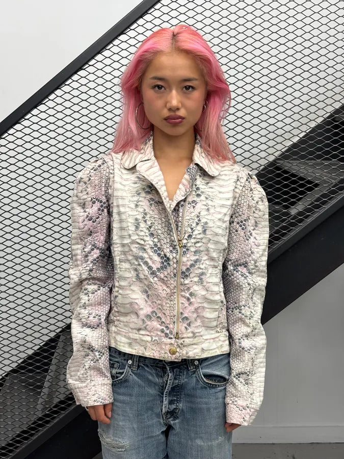 2000s Roberto Cavalli Pink & White Python Effect Asymmetrical Jacket kqnFvke 1