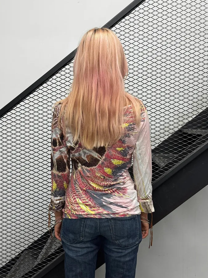SS2004 Roberto Cavalli Pink Illusion Feather Longsleeve Top gSQoqJI 1