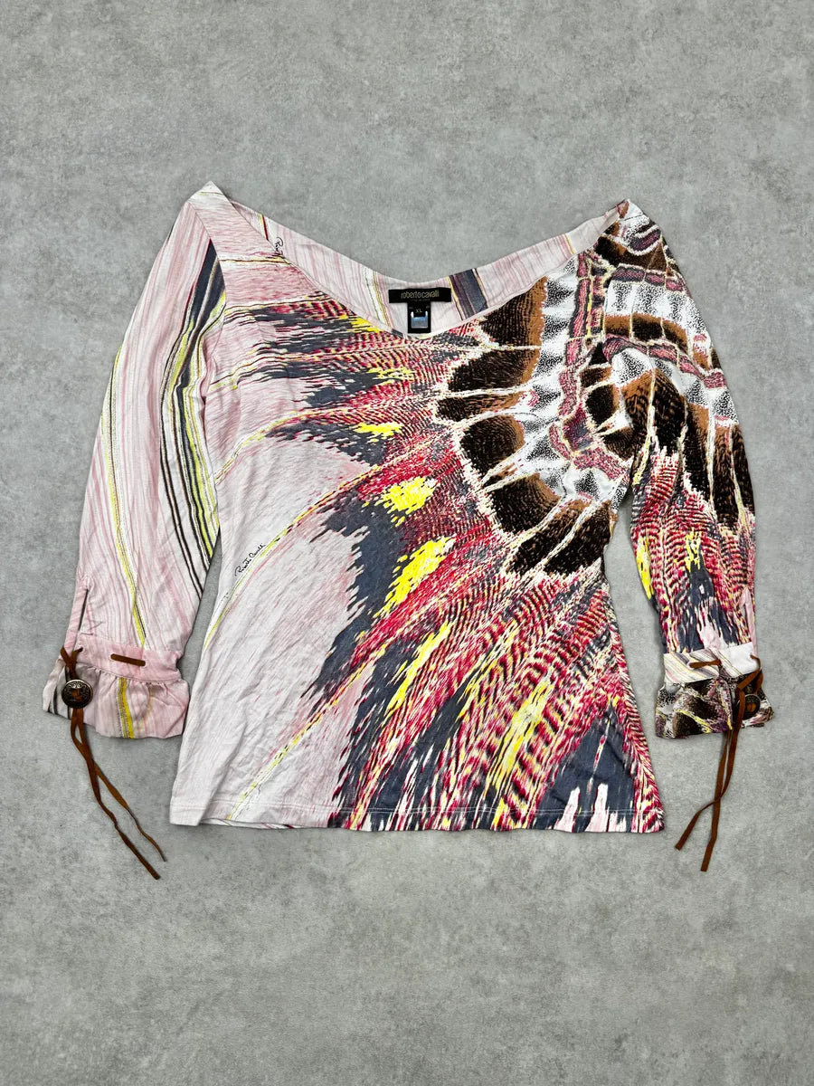 SS2004 Roberto Cavalli Pink Illusion Feather Longsleeve Top gSQoqJI 2