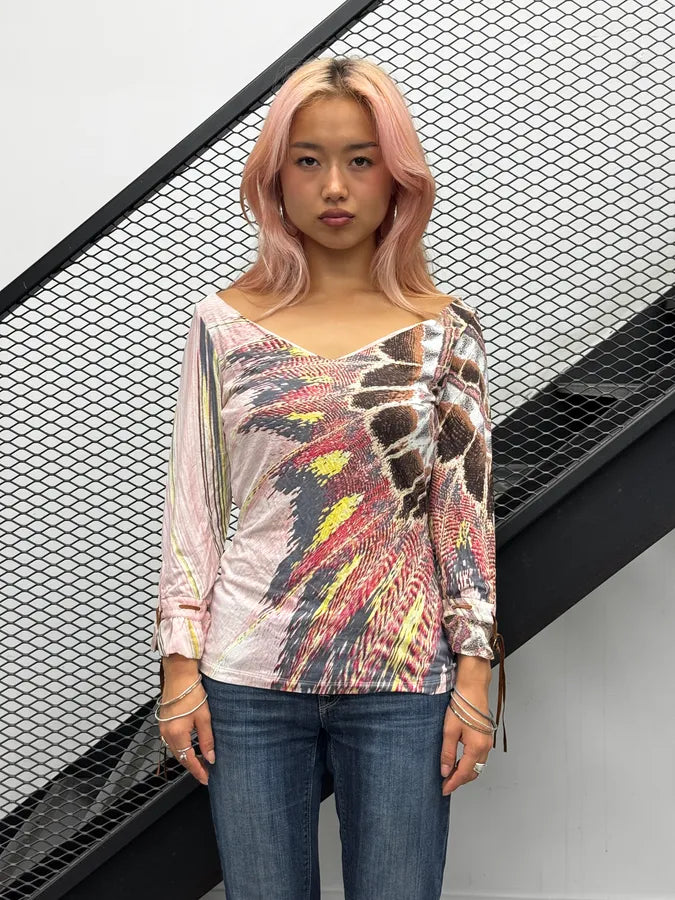 SS2004 Roberto Cavalli Pink Illusion Feather Longsleeve Top gSQoqJI 0