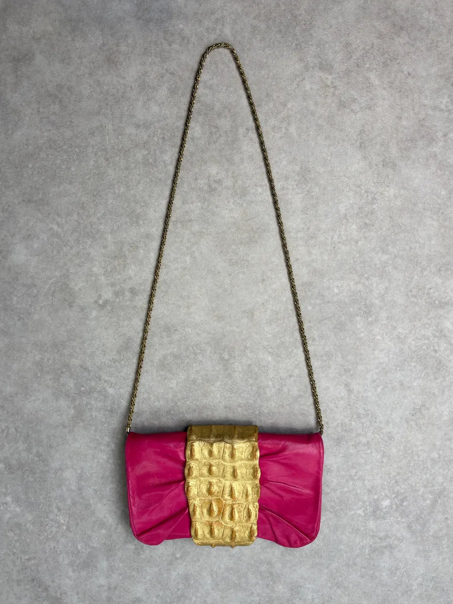 Roberto Cavalli Pink Leather Clutch Gold Crocodile Effect Clasp Bag zxaqmSZ 0