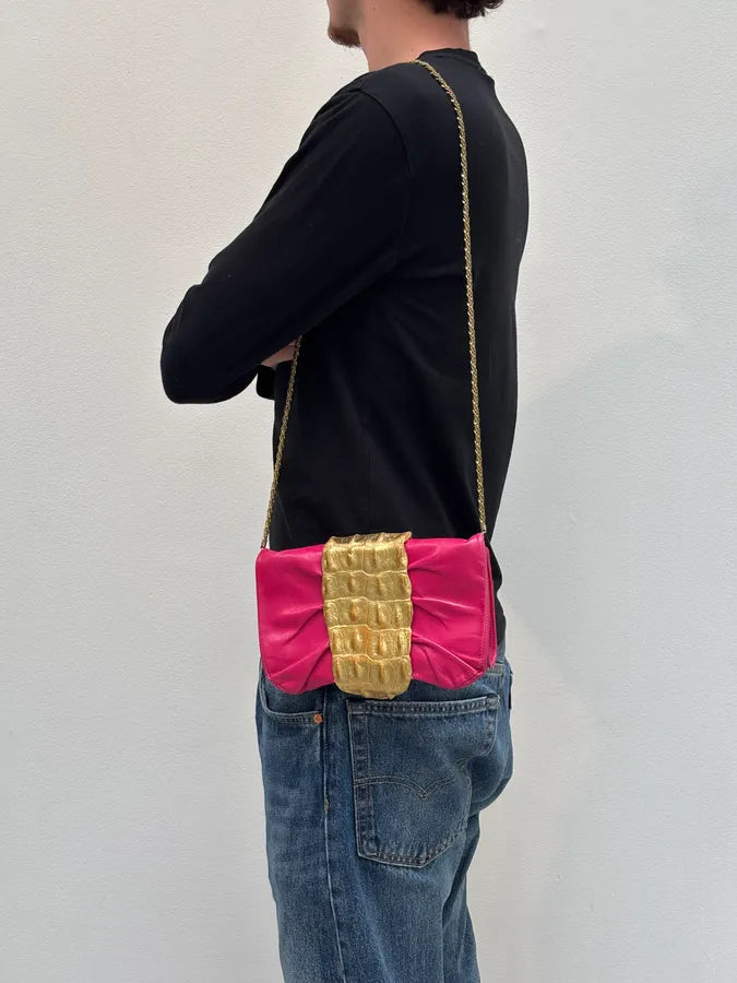 Roberto Cavalli Pink Leather Clutch Gold Crocodile Effect Clasp Bag zxaqmSZ 2