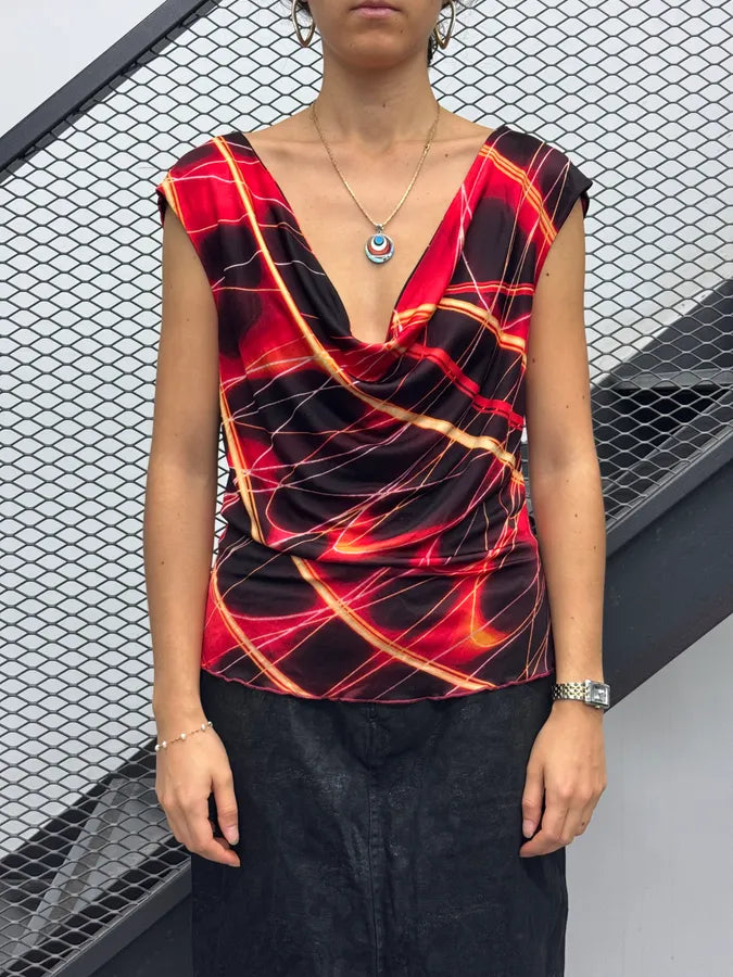 2000s Roberto Cavalli Red Cowl Neck Grid Print Top LjWtwpA 0
