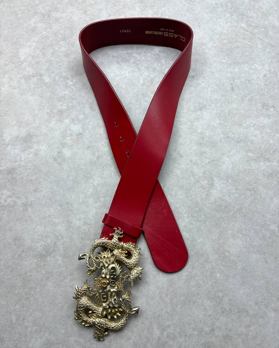 2000s Roberto Cavalli Red Leather Dragon Buckle Belt WSndxhi 2