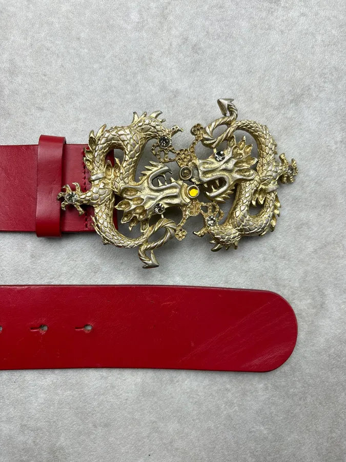 2000s Roberto Cavalli Red Leather Dragon Buckle Belt WSndxhi 3