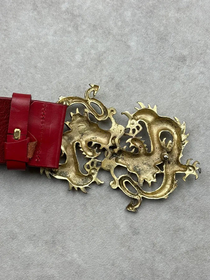 2000s Roberto Cavalli Red Leather Dragon Buckle Belt WSndxhi 8