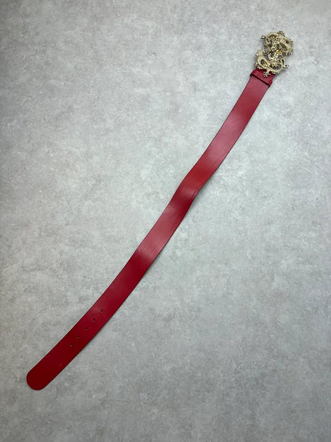 2000s Roberto Cavalli Red Leather Dragon Buckle Belt WSndxhi 5
