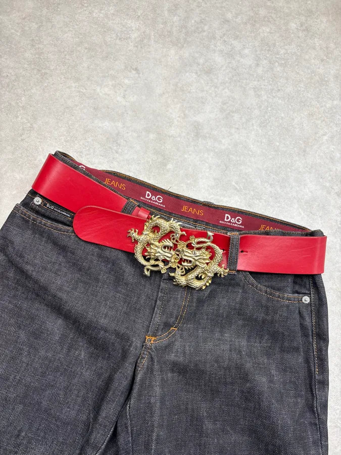2000s Roberto Cavalli Red Leather Dragon Buckle Belt WSndxhi 0