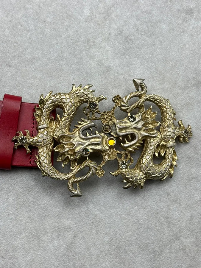 2000s Roberto Cavalli Red Leather Dragon Buckle Belt WSndxhi 4