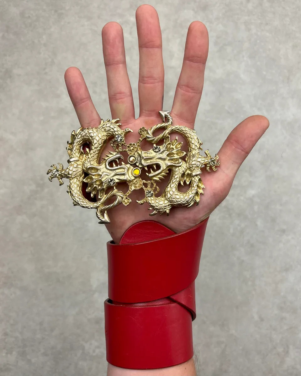 2000s Roberto Cavalli Red Leather Dragon Buckle Belt WSndxhi 1