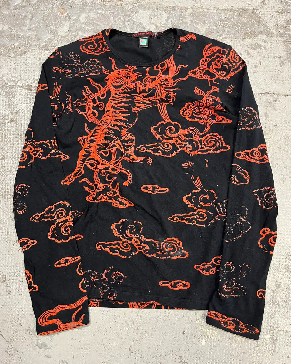 Roberto Cavalli Red Tiger Asian Print Black Longsleeve T-Shirt NjVJJpH 0