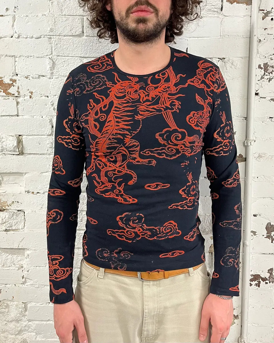Roberto Cavalli Red Tiger Asian Print Black Longsleeve T-Shirt NjVJJpH 1