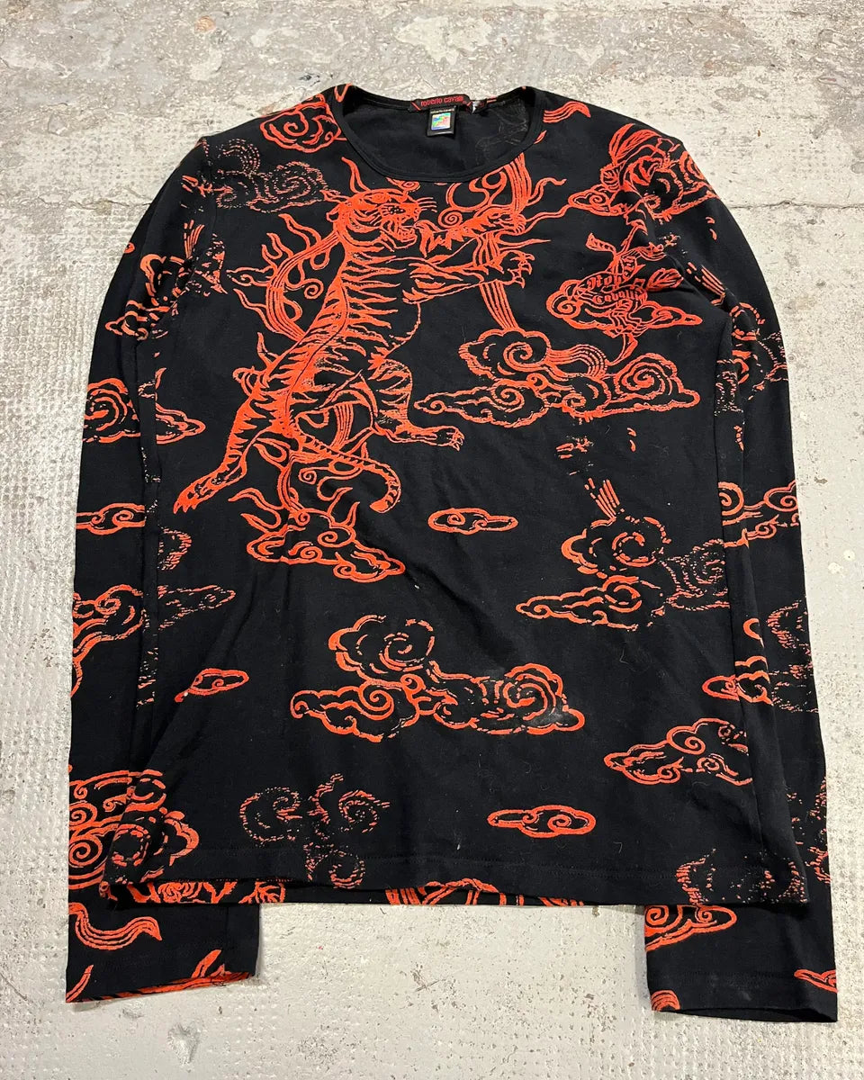 Roberto Cavalli Red Tiger Asian Print Black Longsleeve T-Shirt NjVJJpH 3