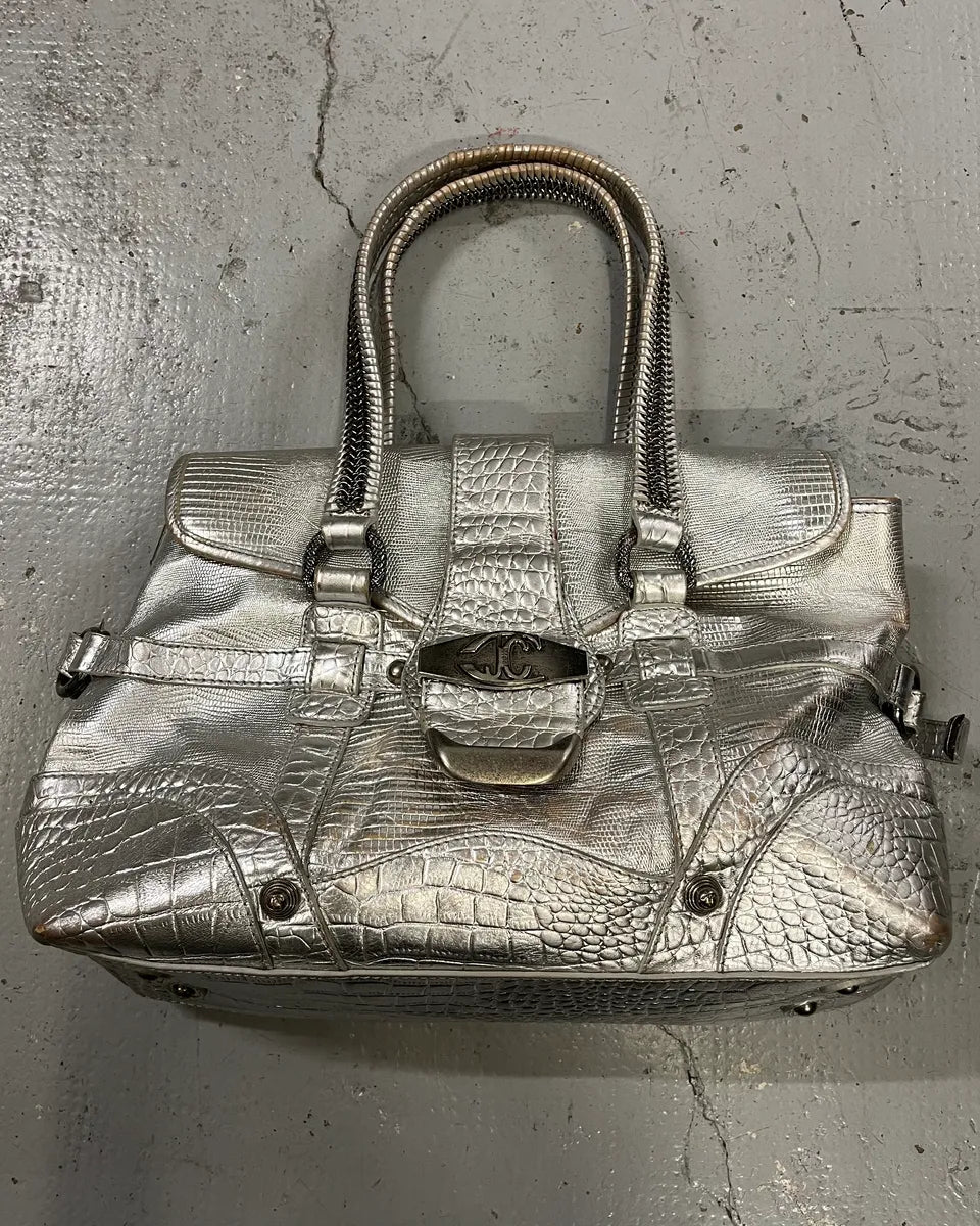 Roberto Cavalli Silver Crocodile Embossed Leather Shoulder Bag evYjjvm 0