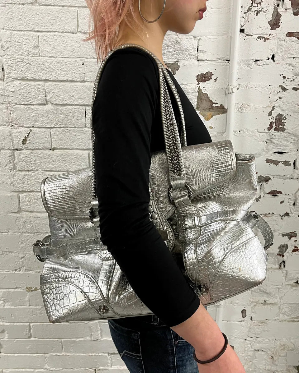 Roberto Cavalli Silver Crocodile Embossed Leather Shoulder Bag evYjjvm 1