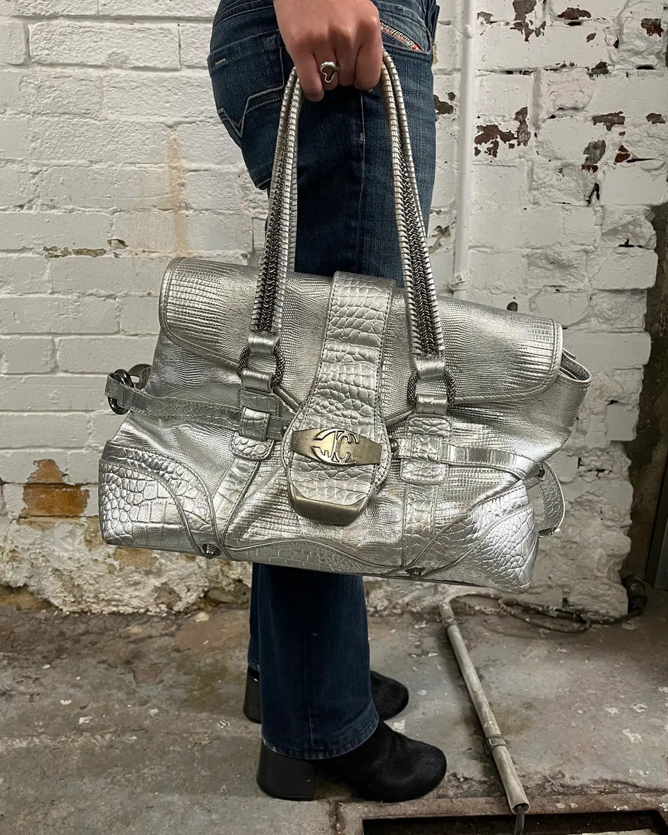 Roberto Cavalli Silver Crocodile Embossed Leather Shoulder Bag evYjjvm 2