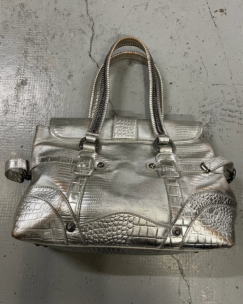 Roberto Cavalli Silver Crocodile Embossed Leather Shoulder Bag evYjjvm 3