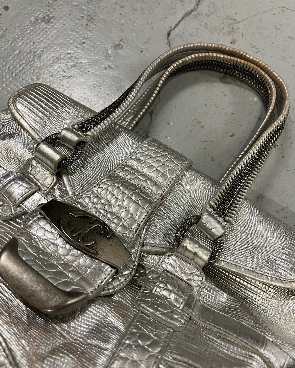 Roberto Cavalli Silver Crocodile Embossed Leather Shoulder Bag evYjjvm 4