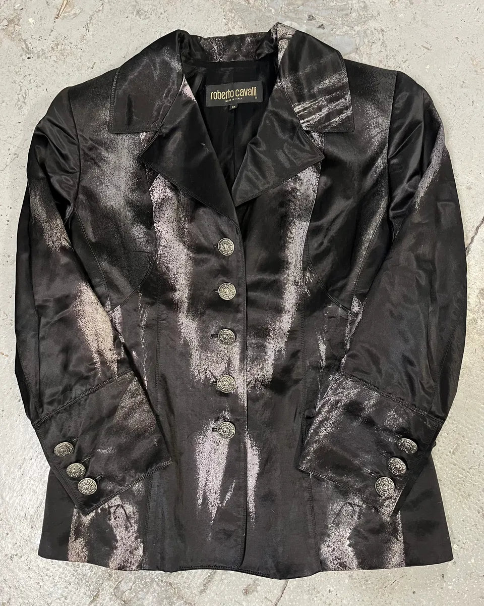 2000s Roberto Cavalli Silver Paint Black Blazer (M) SsZbrGg 0